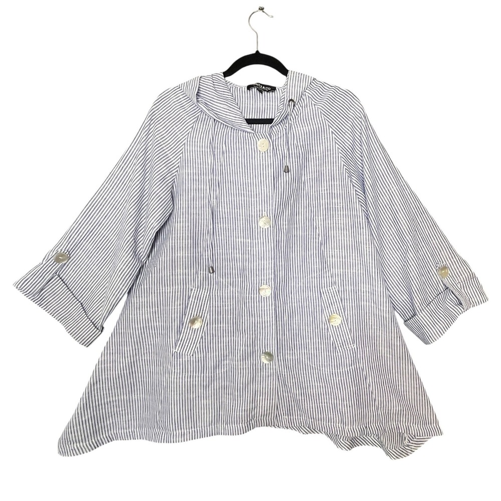 Jones NY Hooded Jacket Blue White Striped Linen Cotton L Nautical Beach Coverup